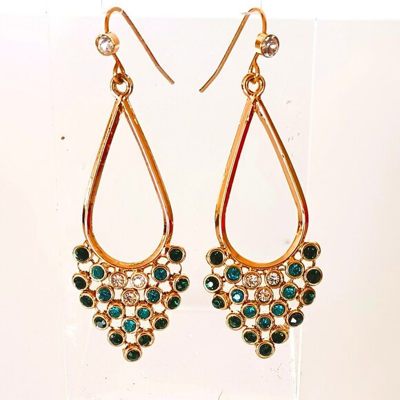 Teardrop Ombre Mesh Dangle Earrings Gold Tone Multi Color Rhinestone - Picture 2 of 7